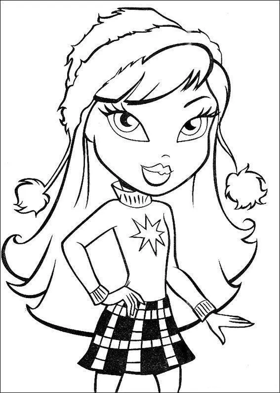 Desenho para colorir de uma boneca Bratz usando um gorro felpudo com dois pompons, suéter com estrela no peito e saia curta xadrez.