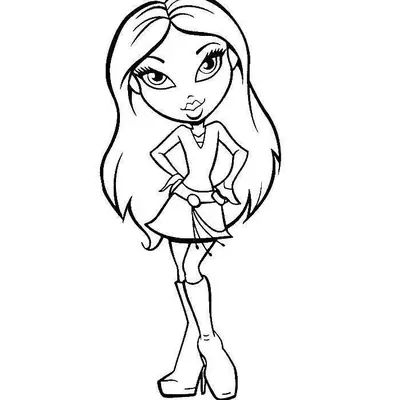 Desenho de contorno de uma boneca Bratz em pose de modelo, usando blusa de gola alta, saia com cinto de argolas e botas de cano longo.