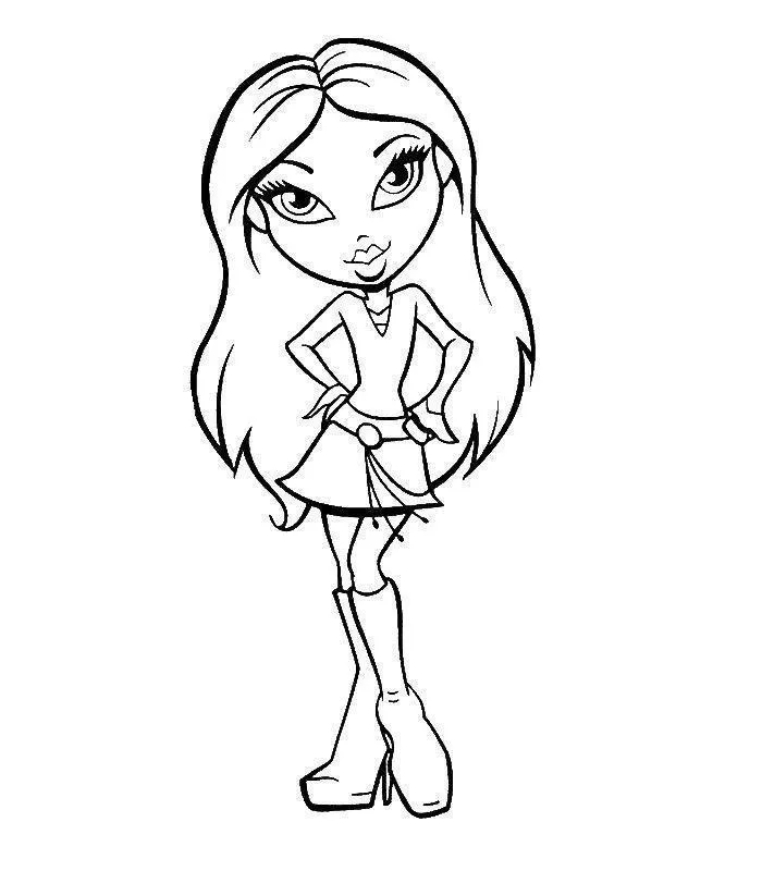 Desenho de contorno de uma boneca Bratz em pose de modelo, usando blusa de gola alta, saia com cinto de argolas e botas de cano longo.