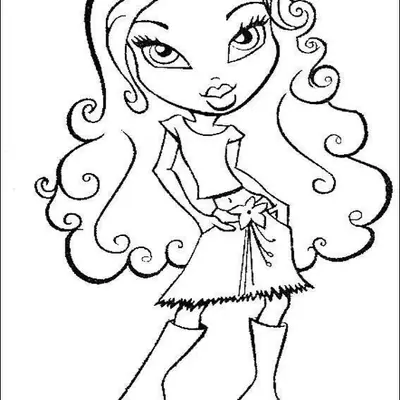 Desenho de contorno de uma boneca Bratz de cabelos cacheados, usando camiseta simples, saia curta com detalhe de flor na cintura e botas de salto alto.