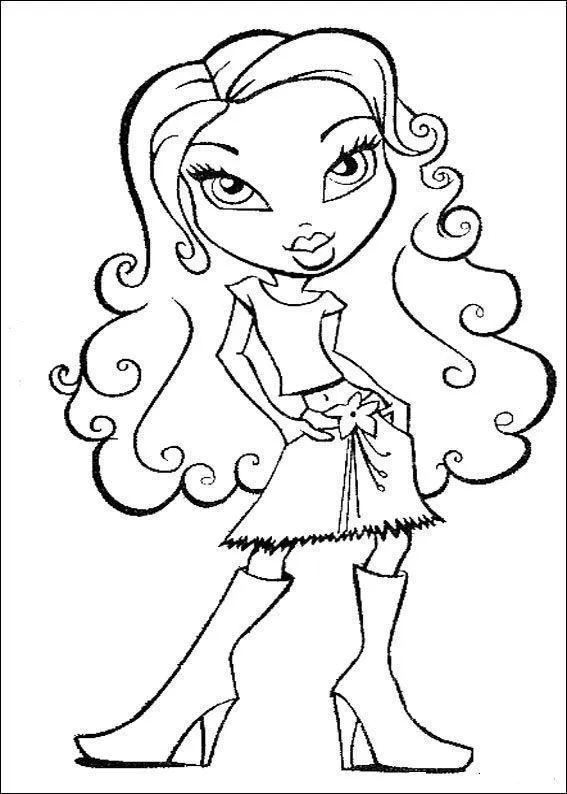 Desenho de contorno de uma boneca Bratz de cabelos cacheados, usando camiseta simples, saia curta com detalhe de flor na cintura e botas de salto alto.