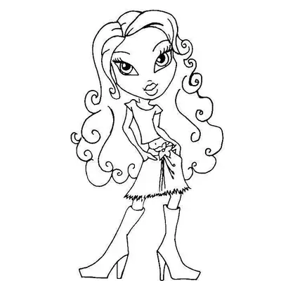 Desenho de contorno de uma boneca Bratz com longos cabelos cacheados, usando blusa curta, saia com flor na cintura e botas de cano médio.