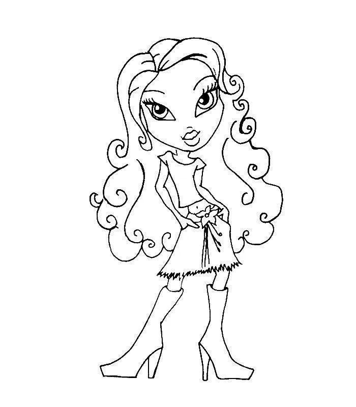 Desenho de contorno de uma boneca Bratz com longos cabelos cacheados, usando blusa curta, saia com flor na cintura e botas de cano médio.