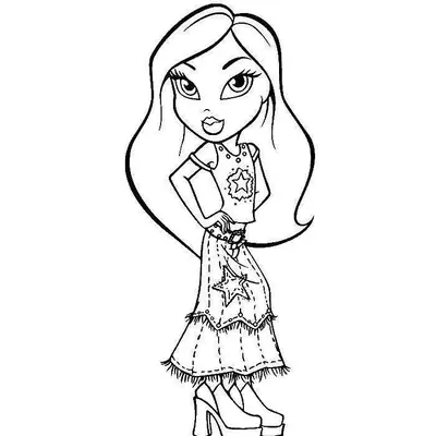 Desenho de contorno de uma boneca Bratz usando top de estrela, saia longa decorada com estrela e franjas, e botas plataforma.