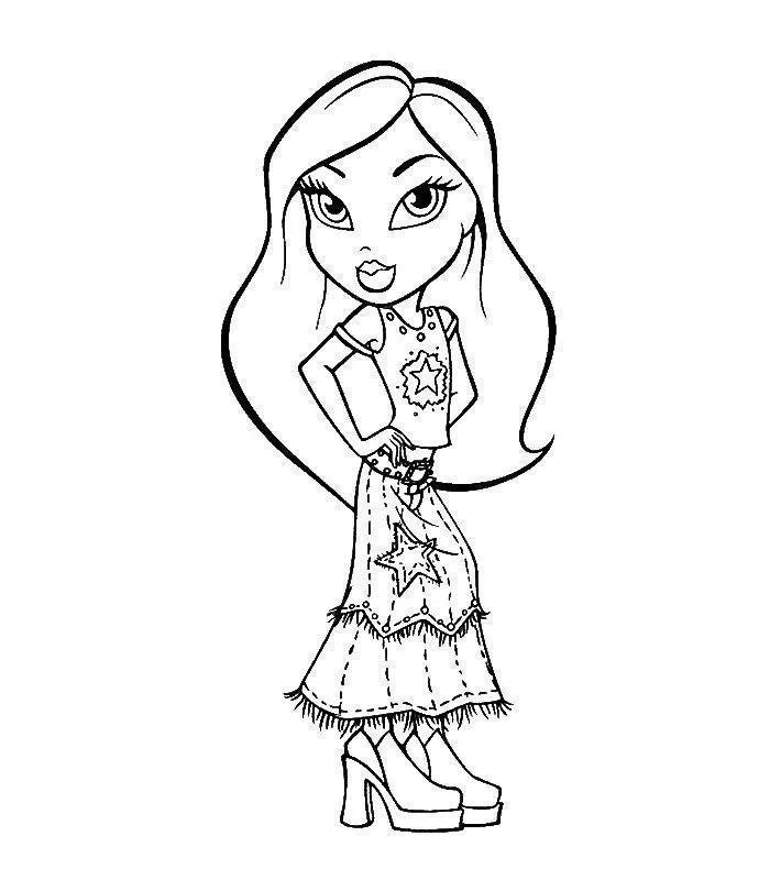 Desenho de contorno de uma boneca Bratz usando top de estrela, saia longa decorada com estrela e franjas, e botas plataforma.