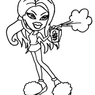 Desenho de contorno de uma boneca Bratz segurando um frasco de spray soltando uma nuvem de perfume, usando top, saia curta e pantufas de pelúcia.