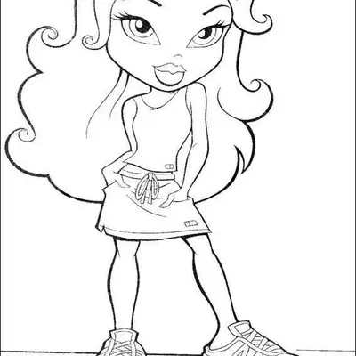 Desenho de linha de uma boneca Bratz em pé, com as mãos nos bolsos de uma saia curta com laço na cintura e calçando tênis de cano baixo.