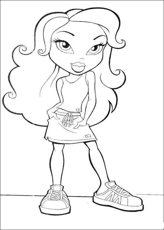 Desenho de linha de uma boneca Bratz em pé, com as mãos nos bolsos de uma saia curta com laço na cintura e calçando tênis de cano baixo.