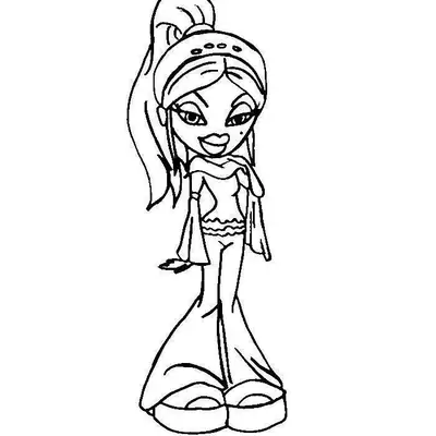 Desenho de contorno de uma boneca Bratz usando tiara larga com detalhes, blusa de mangas largas, calça flare e sapatos plataforma.