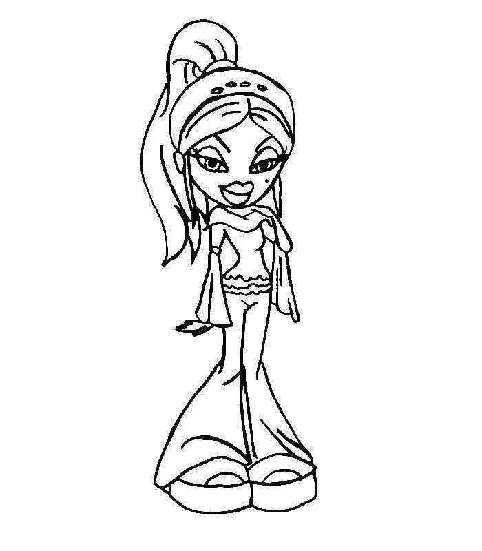 Desenho de contorno de uma boneca Bratz usando tiara larga com detalhes, blusa de mangas largas, calça flare e sapatos plataforma.