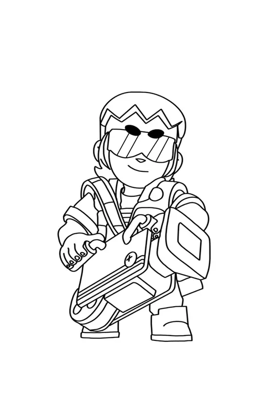 Desenho de contorno do personagem Buster de Brawl Stars, segurando um projetor de cinema, usando óculos grandes, colete e luzes no cabelo.
