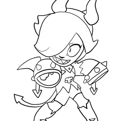 Desenho de contorno da Colette de Brawl Stars na skin Trixie, com chifres, dentes pontiagudos, cauda de diabinha e segurando seu livro.