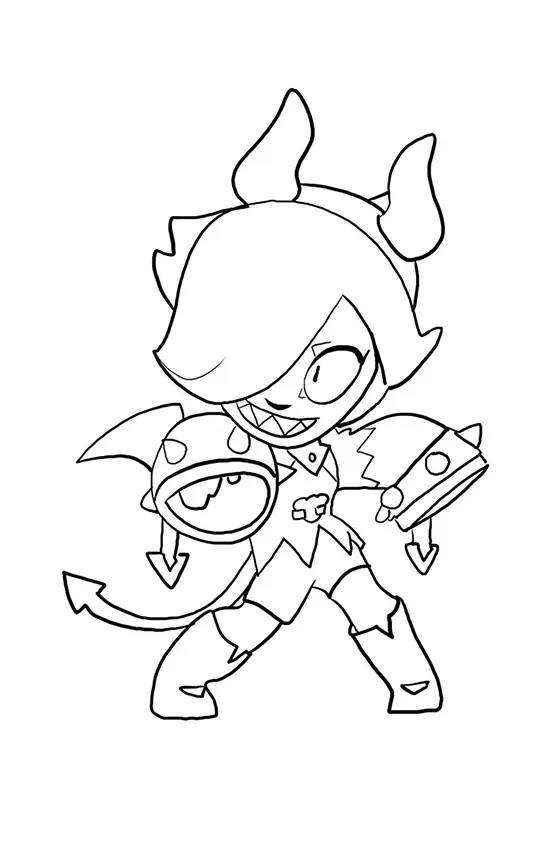 Desenho de contorno da Colette de Brawl Stars na skin Trixie, com chifres, dentes pontiagudos, cauda de diabinha e segurando seu livro.
