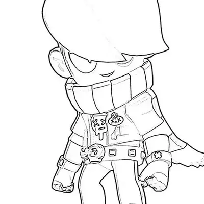 Desenho de contorno do personagem Edgar de Brawl Stars, usando cachecol grande, jaqueta com pins e cabelo cobrindo um dos olhos.