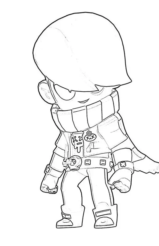 Desenho de contorno do personagem Edgar de Brawl Stars, usando cachecol grande, jaqueta com pins e cabelo cobrindo um dos olhos.