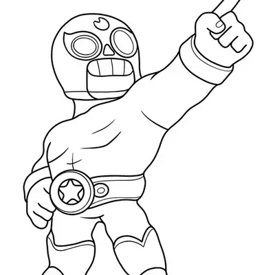 Desenho de contorno do personagem El Primo de Brawl Stars, um lutador mascarado musculoso com cinturão de estrela apontando para cima.