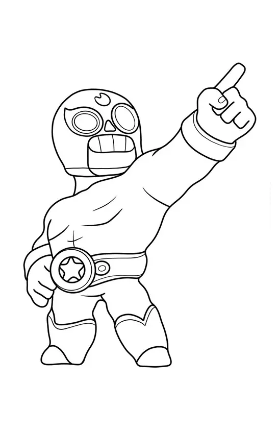 Desenho de contorno do personagem El Primo de Brawl Stars, um lutador mascarado musculoso com cinturão de estrela apontando para cima.