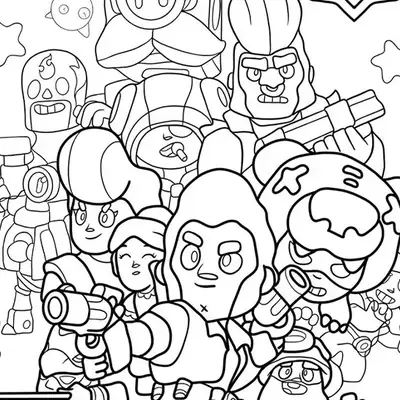 Desenho de contorno com diversos personagens de Brawl Stars juntos, incluindo Colt em destaque, El Primo, Bull e Poco ao fundo.