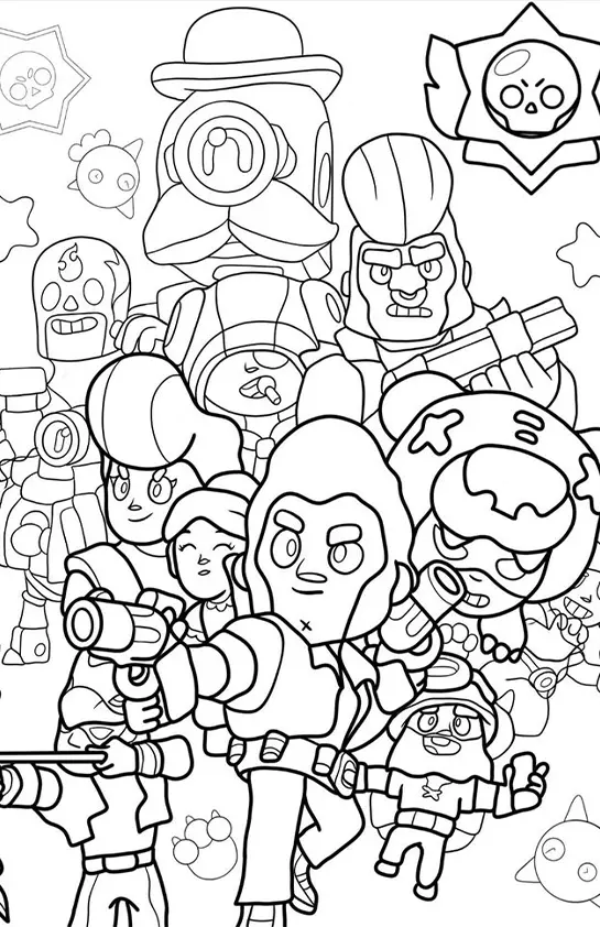 Desenho de contorno com diversos personagens de Brawl Stars juntos, incluindo Colt em destaque, El Primo, Bull e Poco ao fundo.