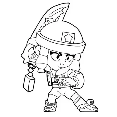 Desenho de contorno da personagem Jacky de Brawl Stars, segurando uma britadeira grande, usando capacete com estrela, colete e protetores auriculares.