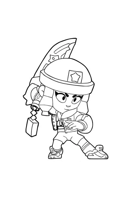 Desenho de contorno da personagem Jacky de Brawl Stars, segurando uma britadeira grande, usando capacete com estrela, colete e protetores auriculares.
