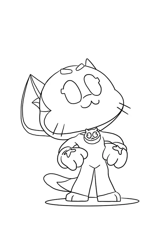 Desenho de contorno do personagem Kit de Brawl Stars, um gato antropomórfico com luvas grandes e medalhão de gatinho.