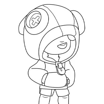 Desenho de contorno do personagem Leon de Brawl Stars, usando capuz de camaleão com botão de olho, língua de fora e mãos no bolso do moletom.