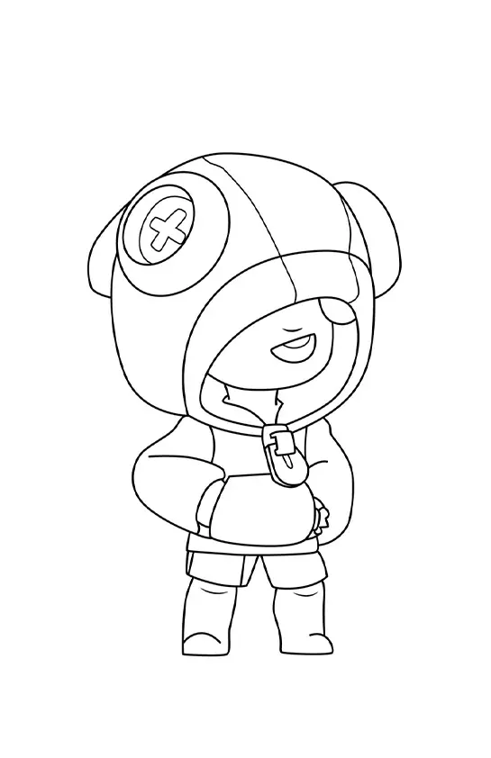 Desenho de contorno do personagem Leon de Brawl Stars, usando capuz de camaleão com botão de olho, língua de fora e mãos no bolso do moletom.