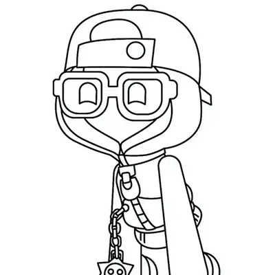 Desenho de contorno de um personagem de Brawl Stars com óculos quadrados grandes, moletom com capuz, boné e um acessório de estrela pendurado.