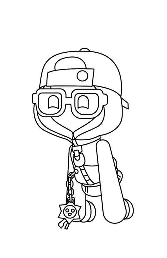 Desenho de contorno de um personagem de Brawl Stars com óculos quadrados grandes, moletom com capuz, boné e um acessório de estrela pendurado.