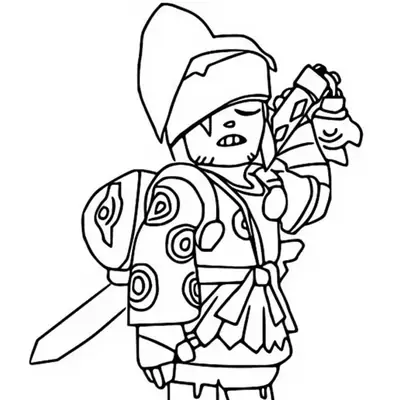 Desenho de contorno do personagem Sandy de Brawl Stars, usando um turbante com estrela, mochila redonda e segurando uma bolsa de areia.