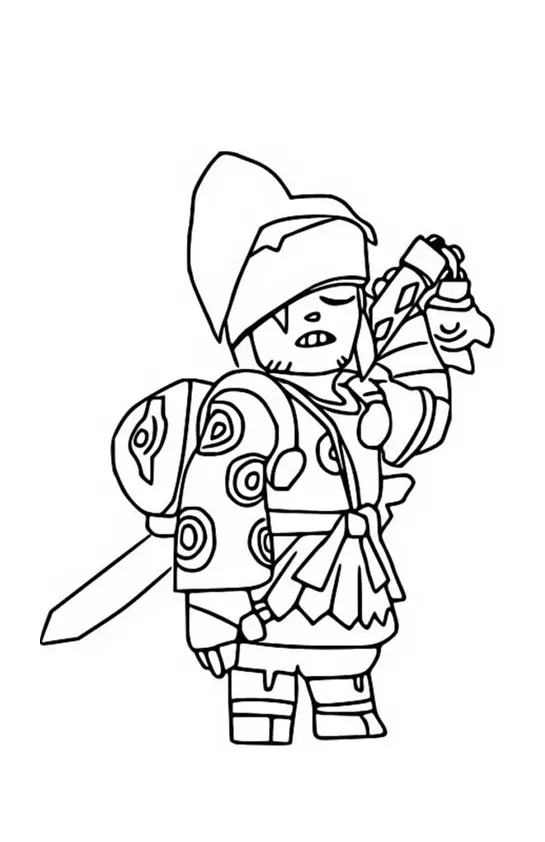 Desenho de contorno do personagem Sandy de Brawl Stars, usando um turbante com estrela, mochila redonda e segurando uma bolsa de areia.