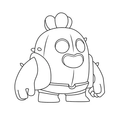 Desenho de contorno do personagem Spike de Brawl Stars, um cacto redondo com olhos pretos circulares, colete e flores na cabeça.