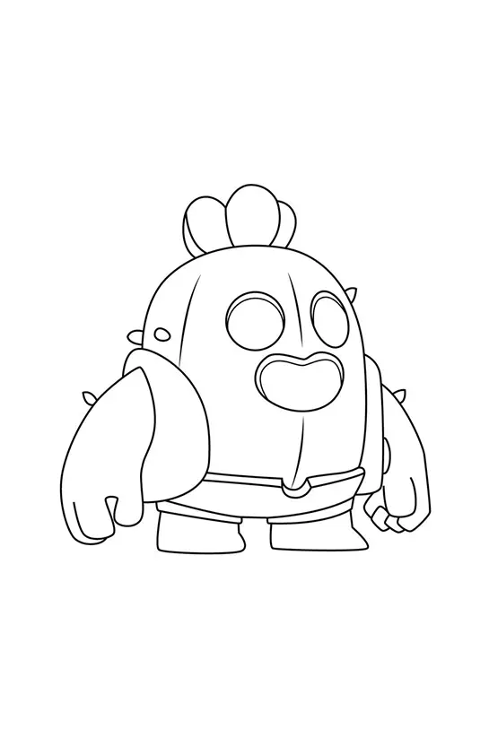 Desenho de contorno do personagem Spike de Brawl Stars, um cacto redondo com olhos pretos circulares, colete e flores na cabeça.