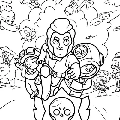 Desenho de contorno de vários brawlers em cena de combate: Colt no centro, Leon à direita, Sandy à esquerda, Shelly no topo e Mortis voando.