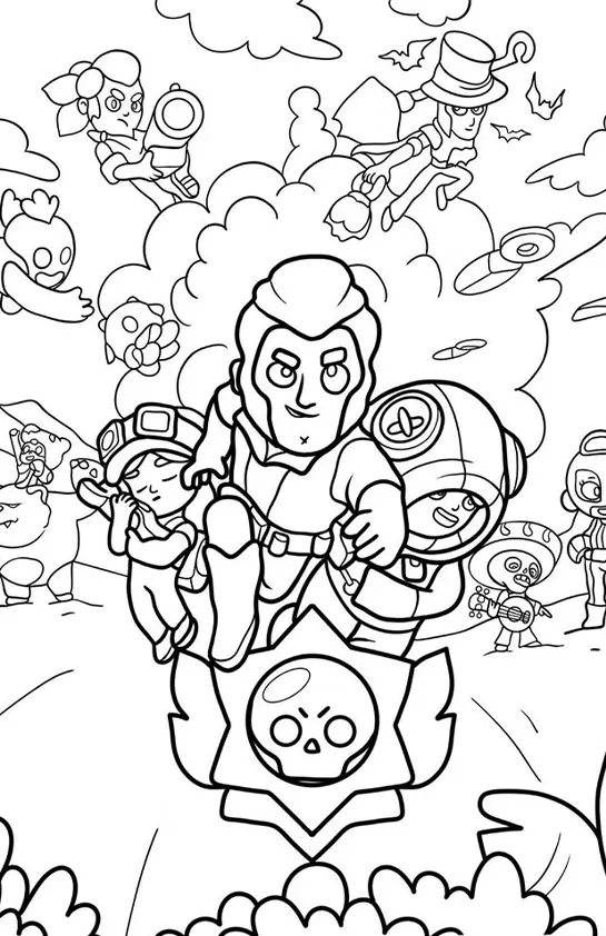 Desenho de contorno de vários brawlers em cena de combate: Colt no centro, Leon à direita, Sandy à esquerda, Shelly no topo e Mortis voando.