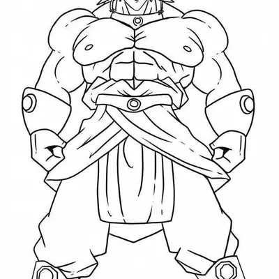 Desenho de contorno em preto e branco do Broly em pé, com porte físico gigante, colar metálico, braceletes e saia vermelha sobre a calça branca.