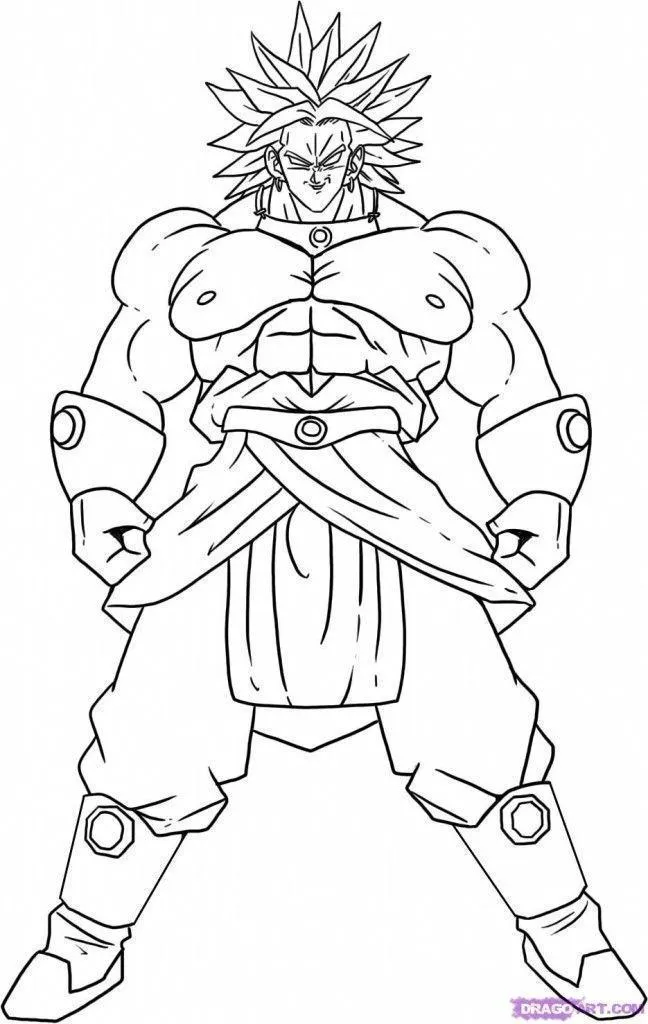 Desenho de contorno em preto e branco do Broly em pé, com porte físico gigante, colar metálico, braceletes e saia vermelha sobre a calça branca.