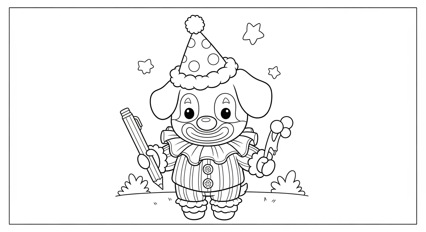 Desenho de contorno de um cachorro em pé vestido de palhaço, segurando um lápis grande e um pincel, usando chapéu de cone e gola de babados.