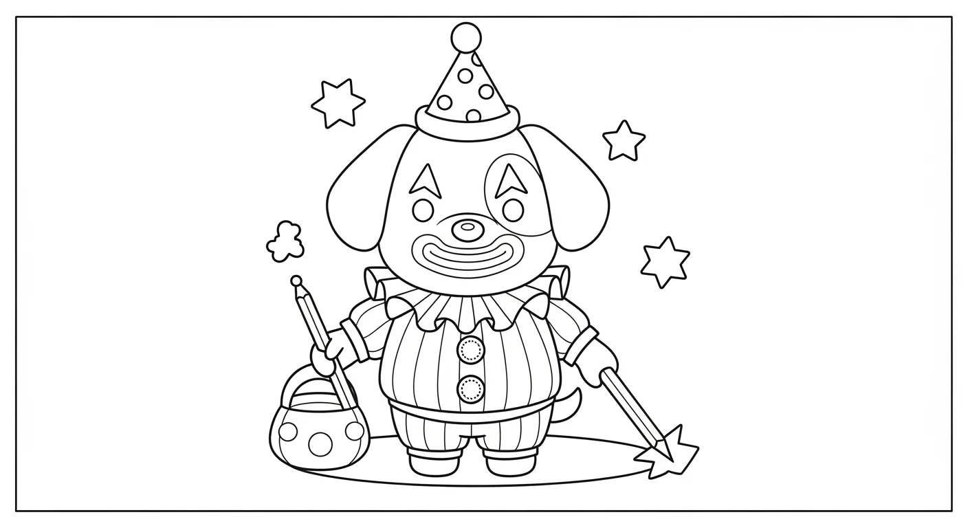 Desenho de contorno de um cachorro vestido de palhaço, segurando um lápis como varinha mágica, ao lado de um balde, com estrelas ao redor.