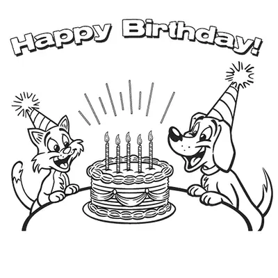 Desenho de contorno de um cachorro e um gato usando chapéus de festa listrados, sentados em uma mesa com um bolo de aniversário de quatro velas.