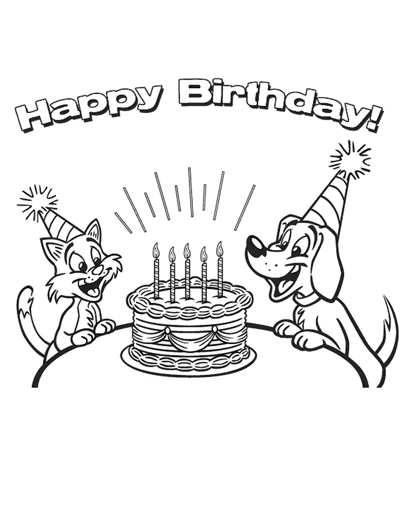 Desenho de contorno de um cachorro e um gato usando chapéus de festa listrados, sentados em uma mesa com um bolo de aniversário de quatro velas.
