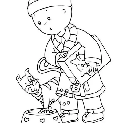 Desenho de contorno do Caillou usando roupão e gorro, segurando uma caixa de ração enquanto o gato Gilbert come em uma tigela.