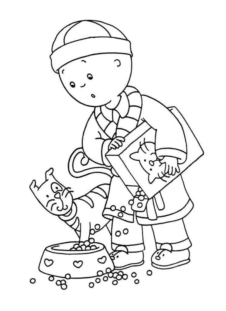 Desenho de contorno do Caillou usando roupão e gorro, segurando uma caixa de ração enquanto o gato Gilbert come em uma tigela.