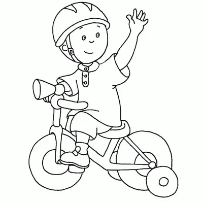 Desenho de contorno do Caillou andando em uma bicicleta com rodinhas laterais, usando capacete e acenando com a mão.