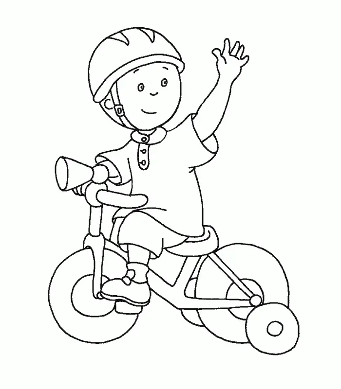 Desenho de contorno do Caillou andando em uma bicicleta com rodinhas laterais, usando capacete e acenando com a mão.