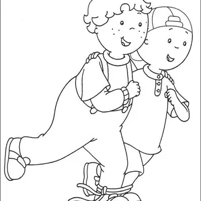 Desenho de contorno do Caillou e seu amigo com as pernas amarradas por uma corda, correndo juntos e sorrindo.