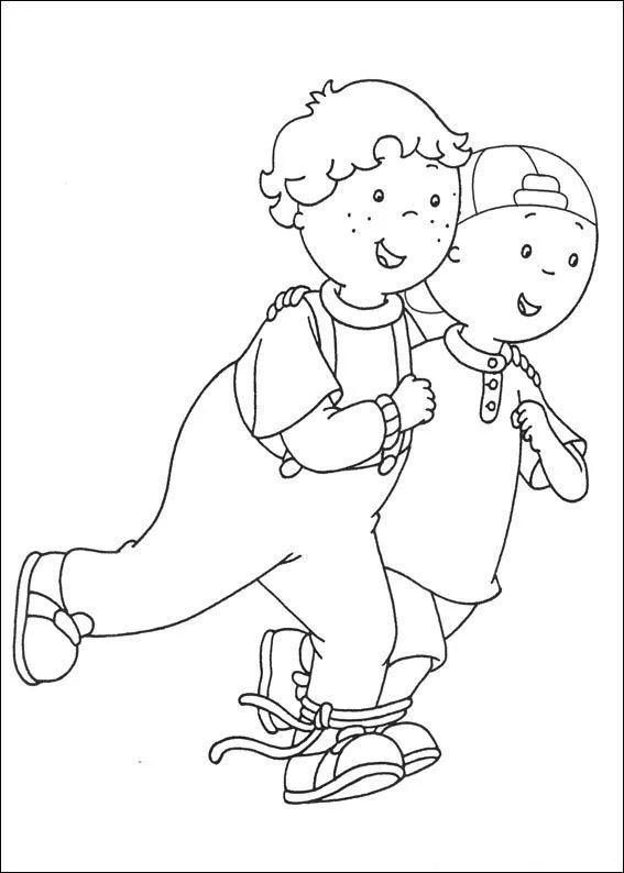 Desenho de contorno do Caillou e seu amigo com as pernas amarradas por uma corda, correndo juntos e sorrindo.