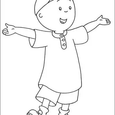 Desenho de contorno do Caillou em pé, sorrindo com os braços estendidos, vestindo boné, camiseta e bermuda.