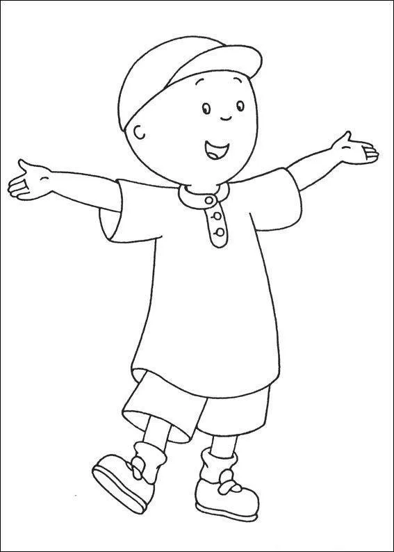 Desenho de contorno do Caillou em pé, sorrindo com os braços estendidos, vestindo boné, camiseta e bermuda.